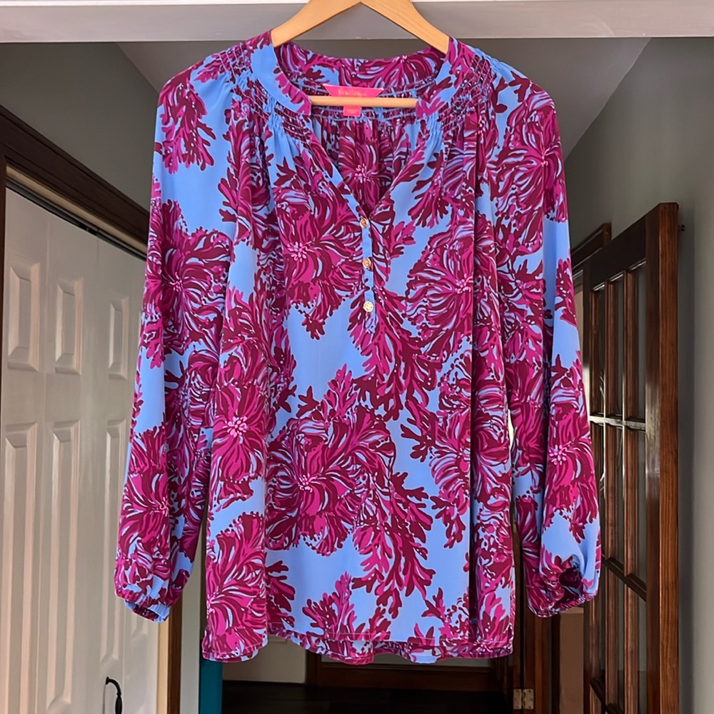 Lilly Pulitzer Silk Blouse Top Shirt Floral Maroon Cherry Blue Size M